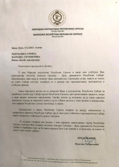 12. februar 2021. Čestitka predsednika Narodne skupštine Republike Srpske Nedeljka Čubrilovića povodom Dana državnosti